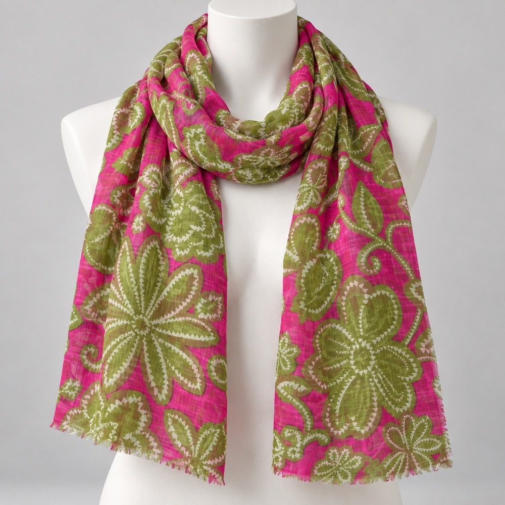 Floral Gauze Scarf Pink Green Boho Lightweight Fringed Wrap Botanical Shawl